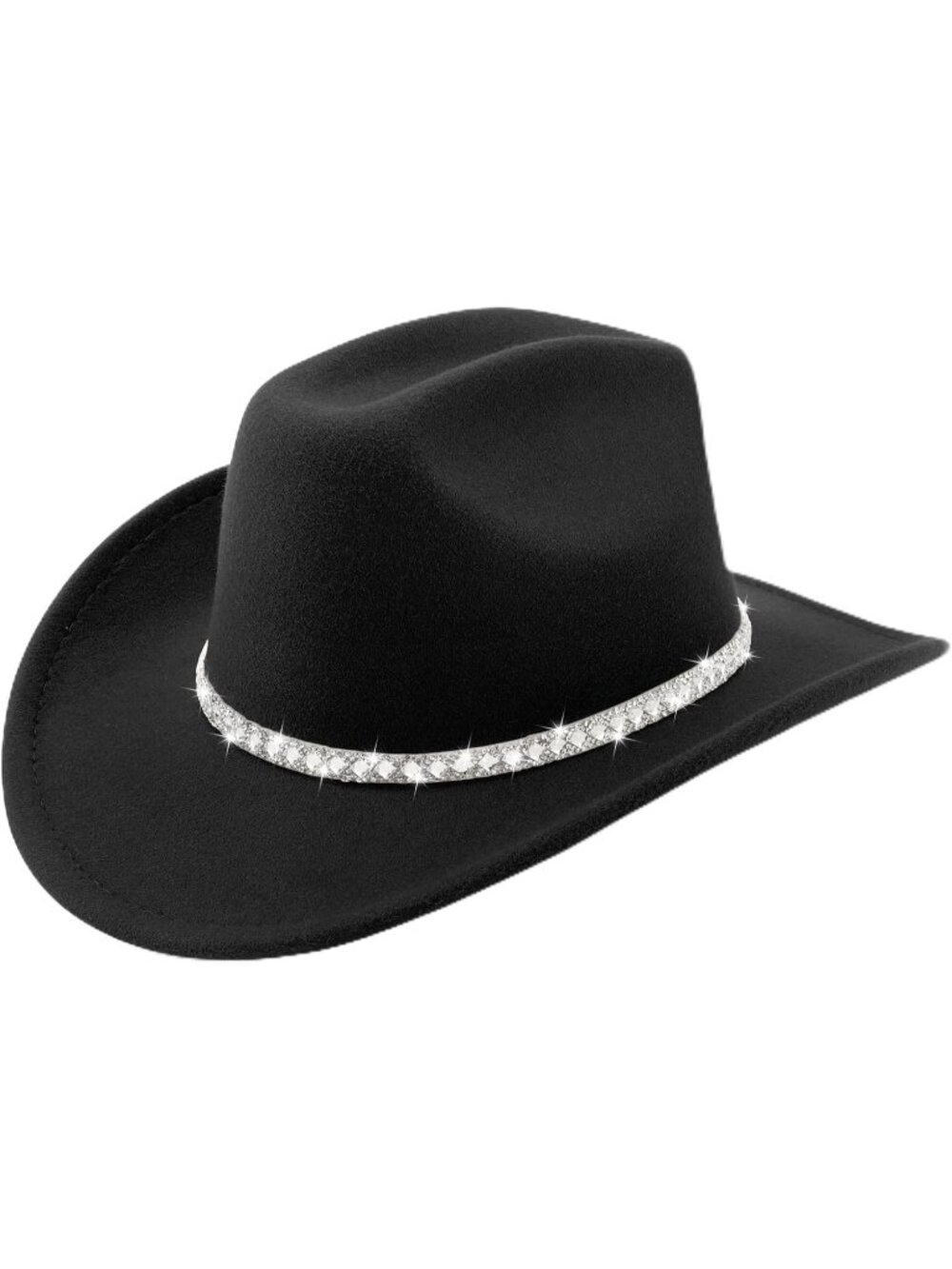 Unisex Black Glitter Rhinestone Brim Felt Fedora Cowboy Cowgirl Western Hat